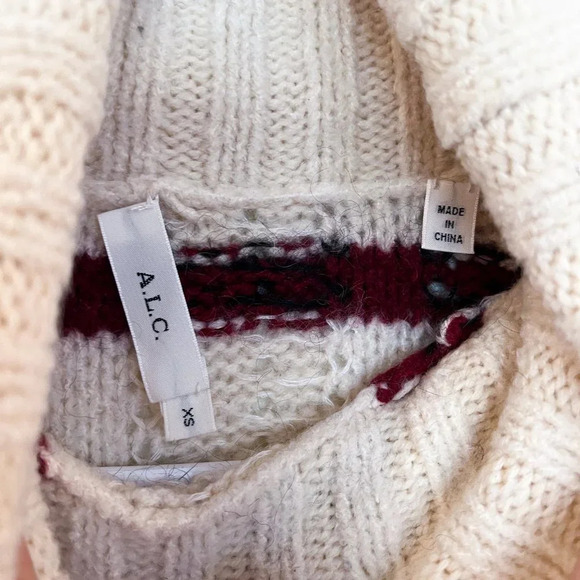 ALC Cream Red Striped Wool Mohair Blend Balloon Sleeve Turtleneck Sweater XS - Picture 6 of 8